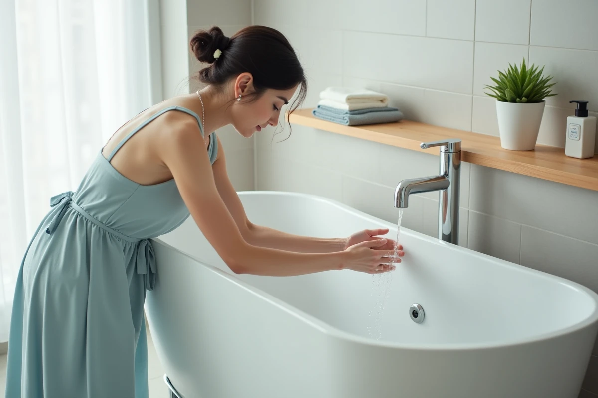 Femme réalisant le ghusl dans une salle de bain moderne avec baignoire, purification rituelle islamique féminine étape par étape