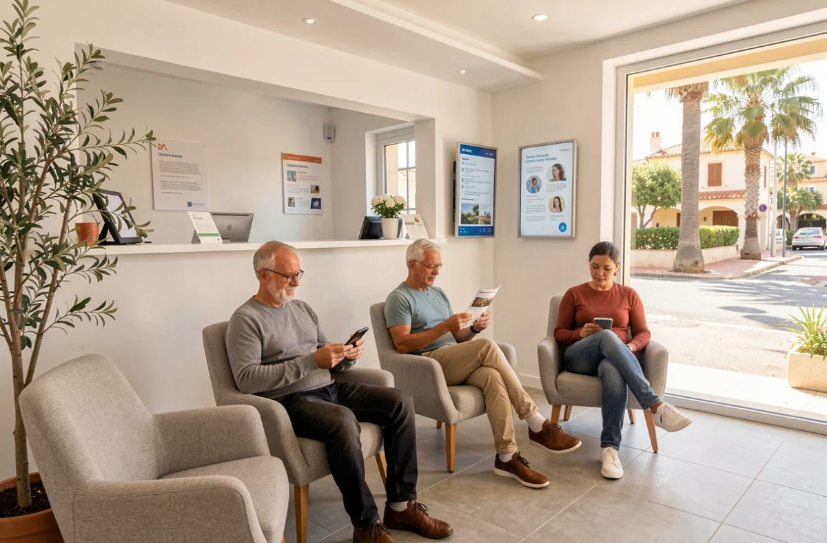Salle d'attente d'un cabinet dentaire à Hyères avec des patients installés confortablement
