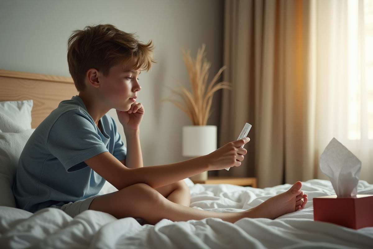 Adolescent sur son lit avec thermometre dans une chambre lumineuse
