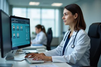Administratrice hospitalière accédant au portail interne du CHU sur double écran en bureau administratif