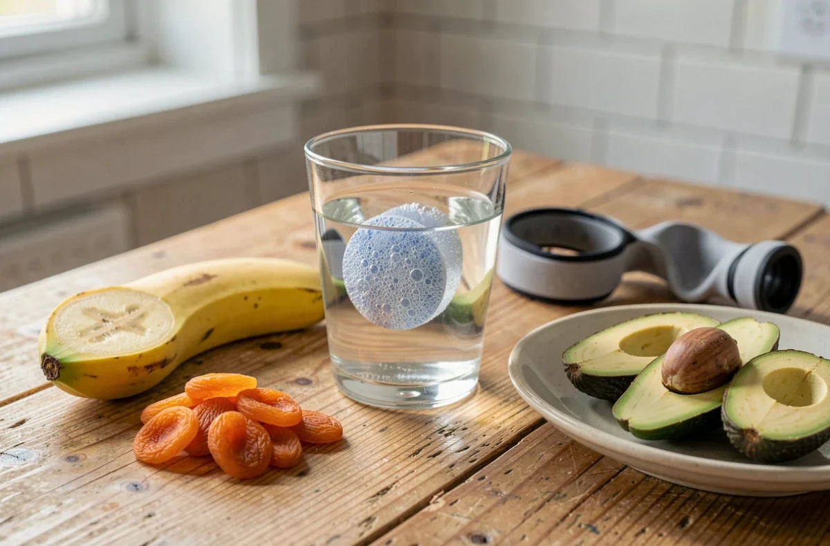 Aliments riches en potassium et boisson électrolytique sur une table en bois après le sport, pour illustrer la prévention de l'hypokaliémie chez les sportifs