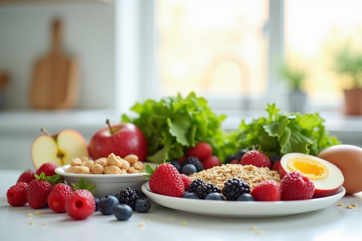 Fruits et aliments sains pour la perte de poids sur plan de travail