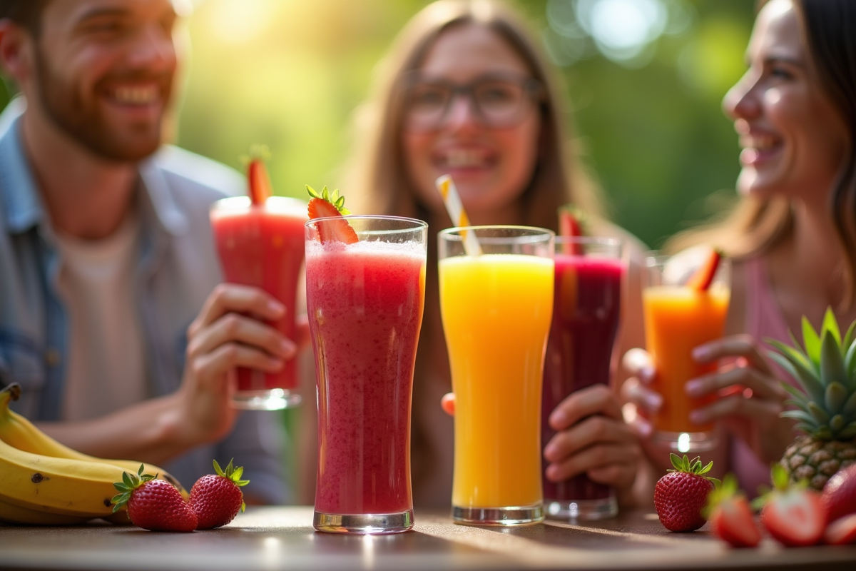Groupe d amis souriants avec smoothies colorés en extérieur dans un jardin