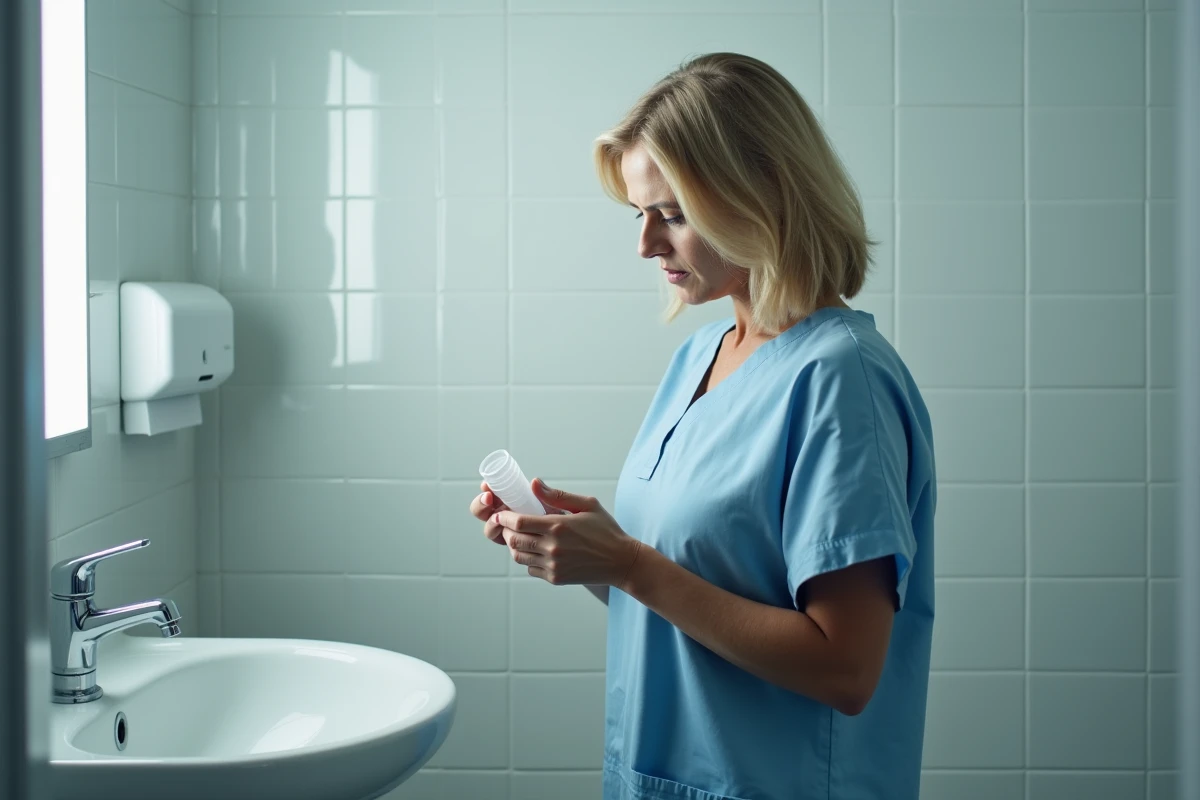 Femme tenant un flacon d'analyse d'urine dans une salle de bain d'hôpital, représentant le processus de diagnostic médical pour des troubles urinaires
