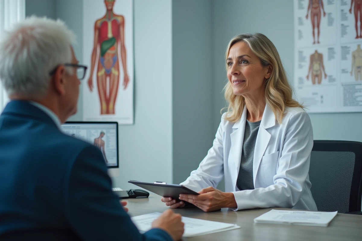 Une neurologue en consultation face à un patient âgé détendu et peu préoccupé par ses symptômes, représentant le défi diagnostique de l'anosognosie en milieu médical