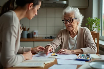 Une femme âgée assise à une table de cuisine désordonnée, inconsciente du problème, tandis que sa fille adulte lui montre des objets avec inquiétude, illustrant les signes de l'anosognosie