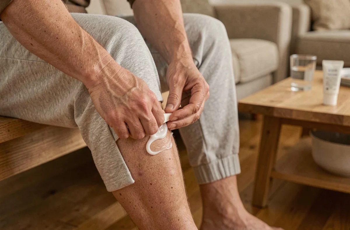 Application d'une crème thérapeutique sur la zone intérieure du genou pour soulager la tendinopathie chronique de la patte d'oie