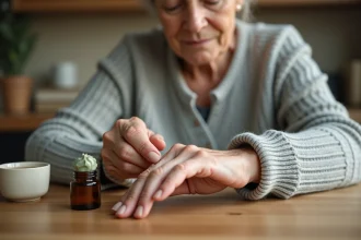 Femme appliquant un concentré de phytargile sur ses doigts douloureux à la maison