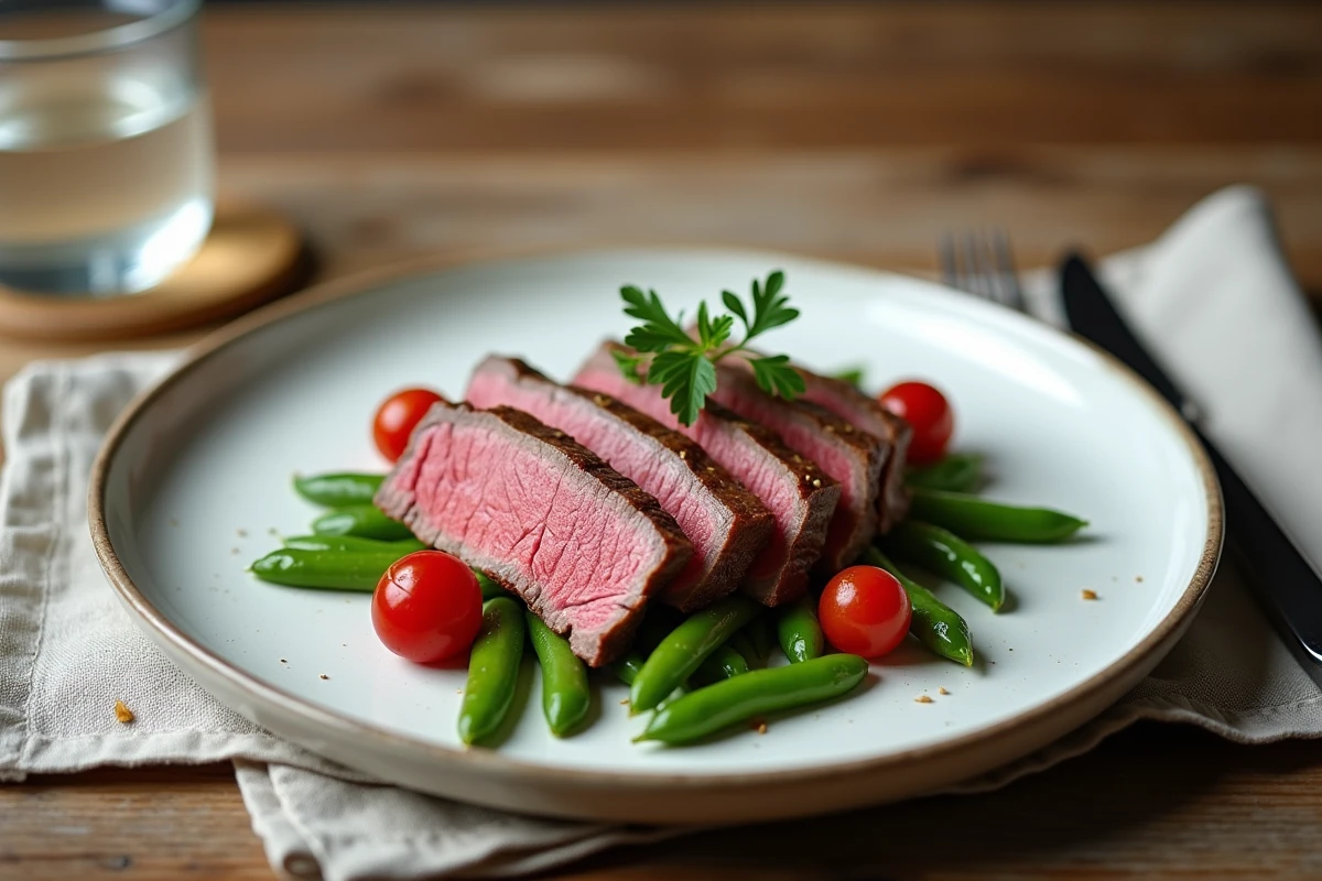 Assiette de viande rouge maigre avec haricots verts et tomates cerises pour un repas quotidien léger