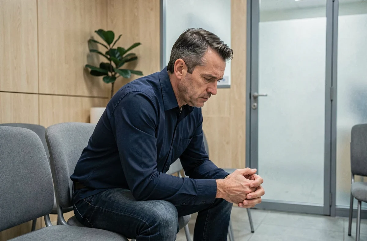 Homme en salle d'attente avant une échographie abdominale, assis seul avec une expression anxieuse et pensive.