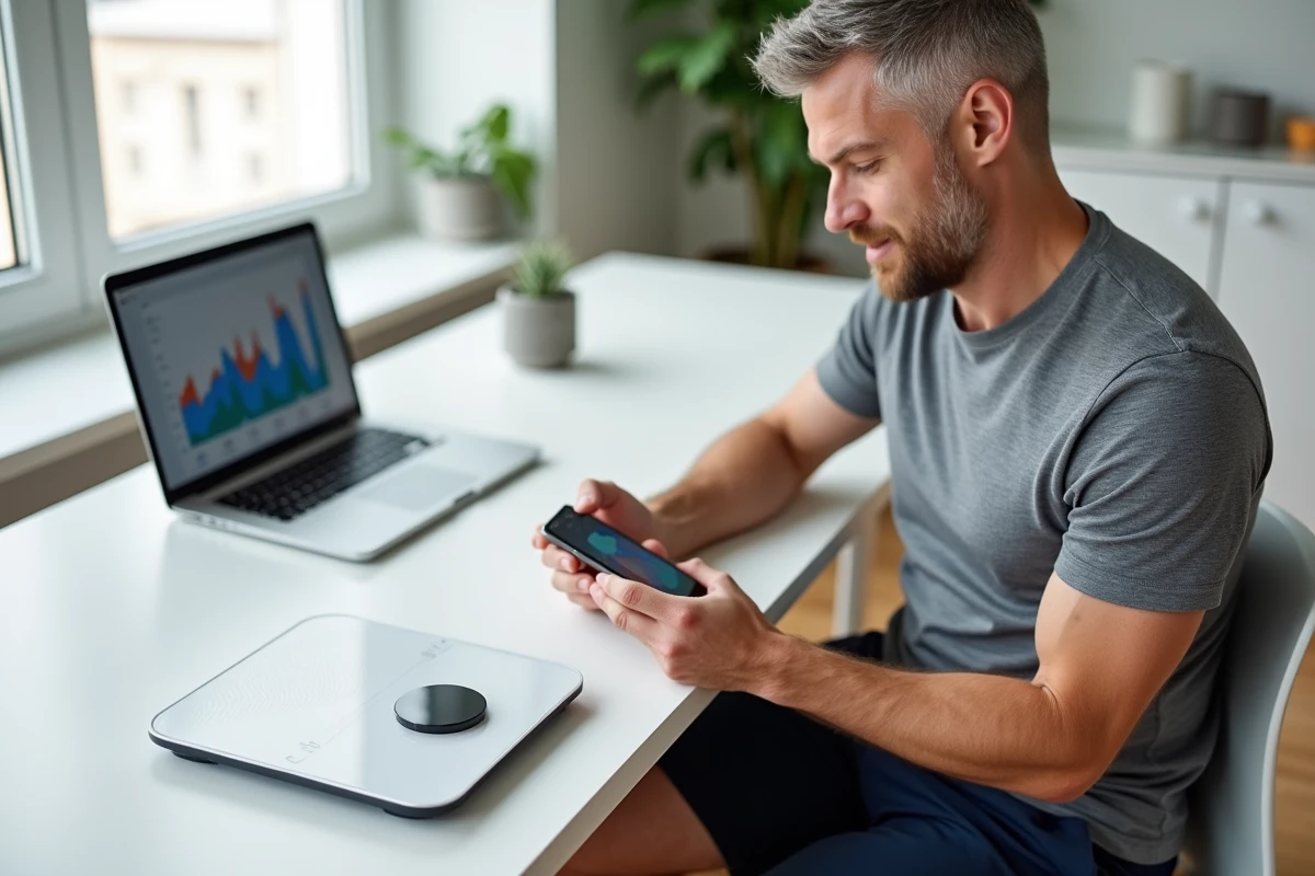 Homme consultant les données de composition corporelle de sa balance connectée sur smartphone dans un bureau moderne