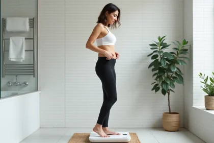 Femme sportive mesurant sa composition corporelle sur une balance impédancemètre moderne dans une salle de bain minimaliste