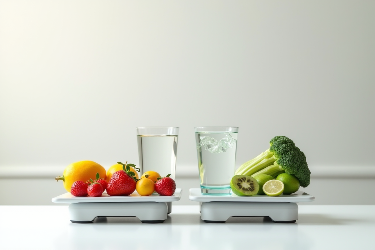 Balance avec fruits et eau versus légumes fanés