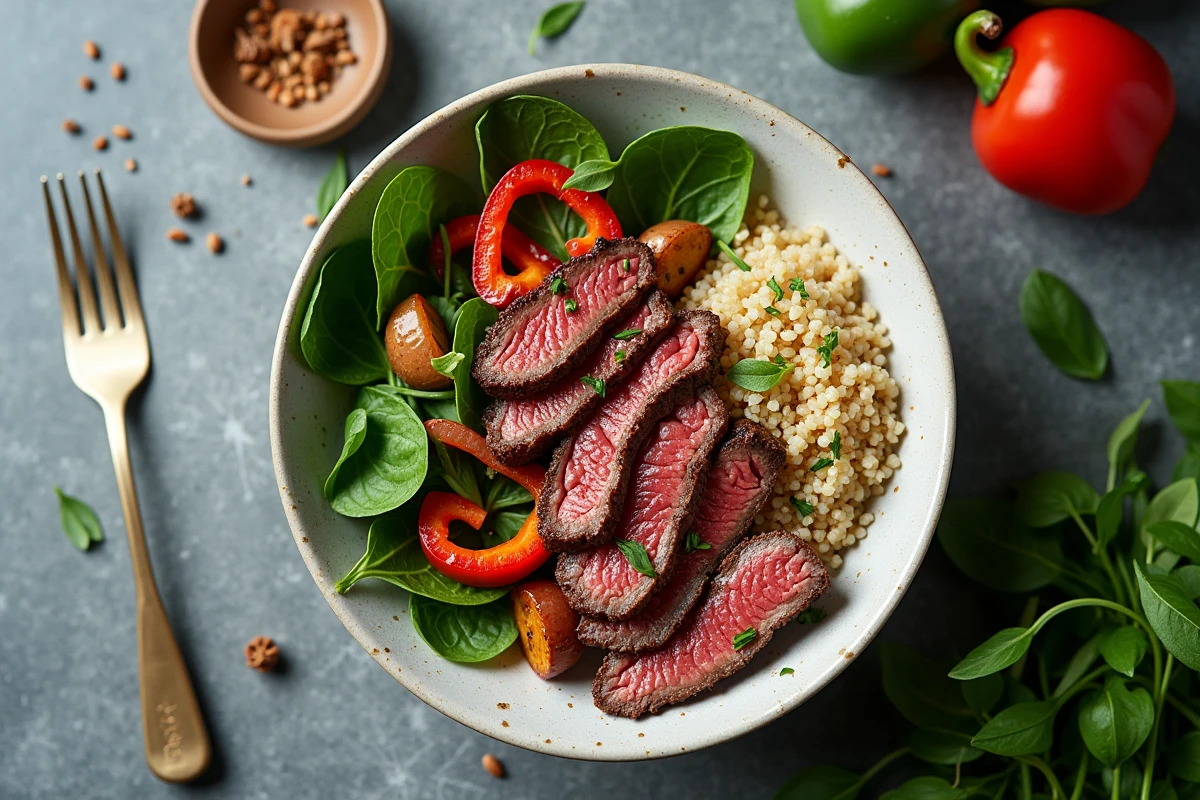 Bol complet avec viande rouge maigre grillée, quinoa et légumes rôtis pour une alimentation équilibrée