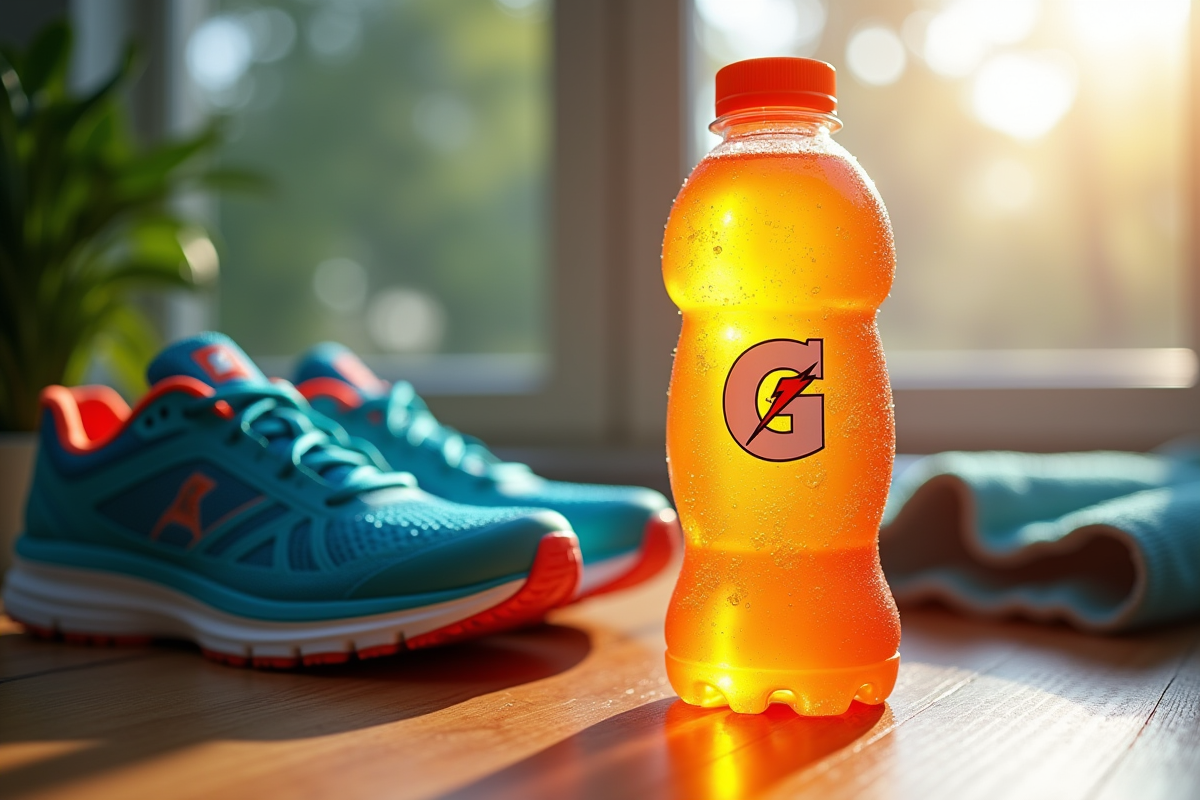 Bouteille de Gatorade fraîche avec gouttes d'eau sur une table en bois