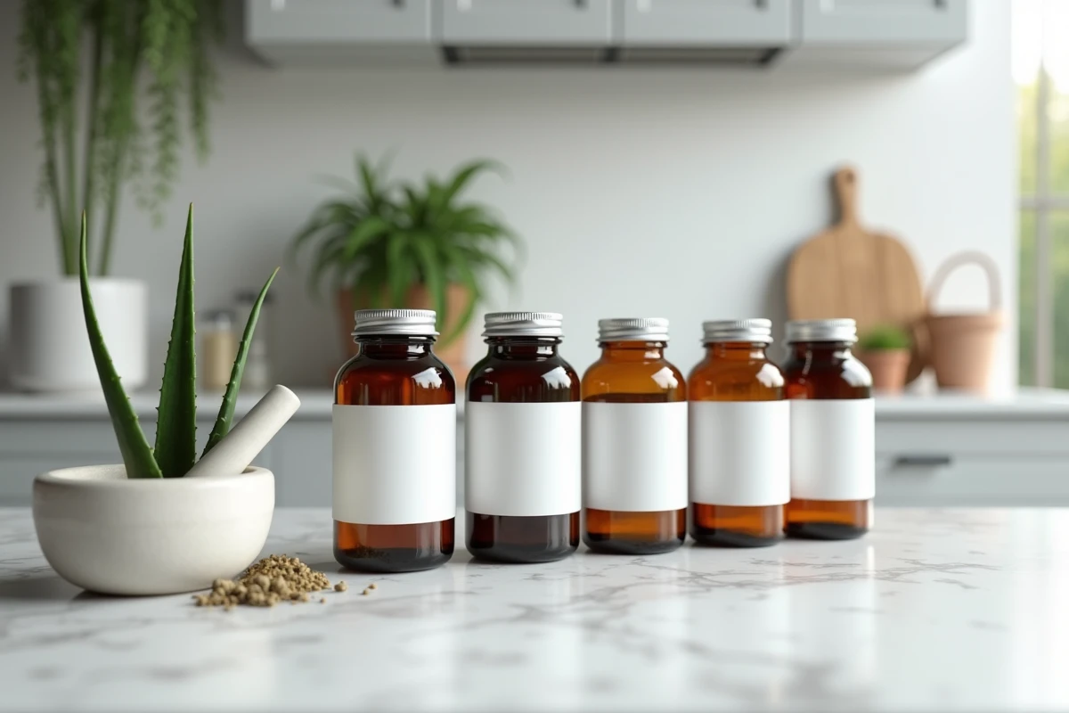Bouteilles de compléments alimentaires à base de plantes médicinales sur un plan de travail en marbre, gamme 123 phyto santé 2026