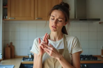 Femme tenant son doigt brûlé dans une cuisine moderne, expression de douleur légère