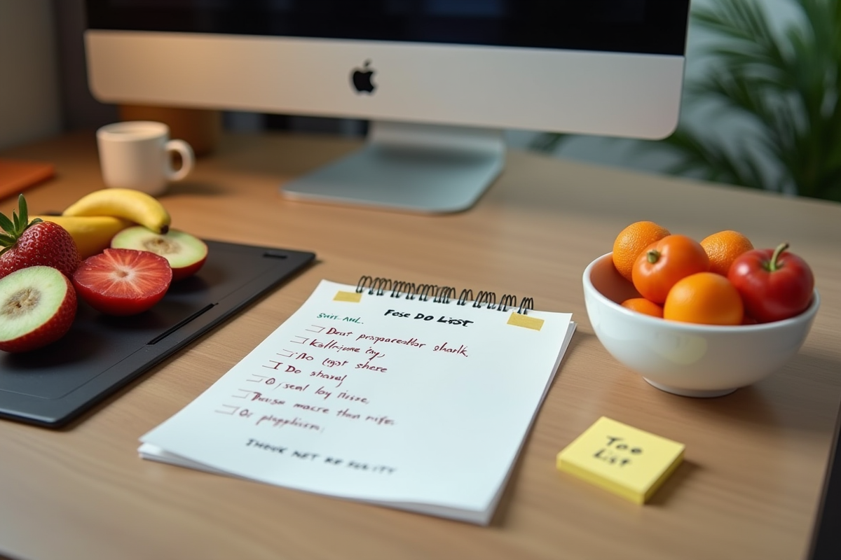 Bureau moderne avec snacks sains et fruits frais