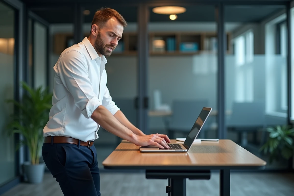 Homme debout à un bureau réglable en hauteur pour travailler sans douleur au coccyx