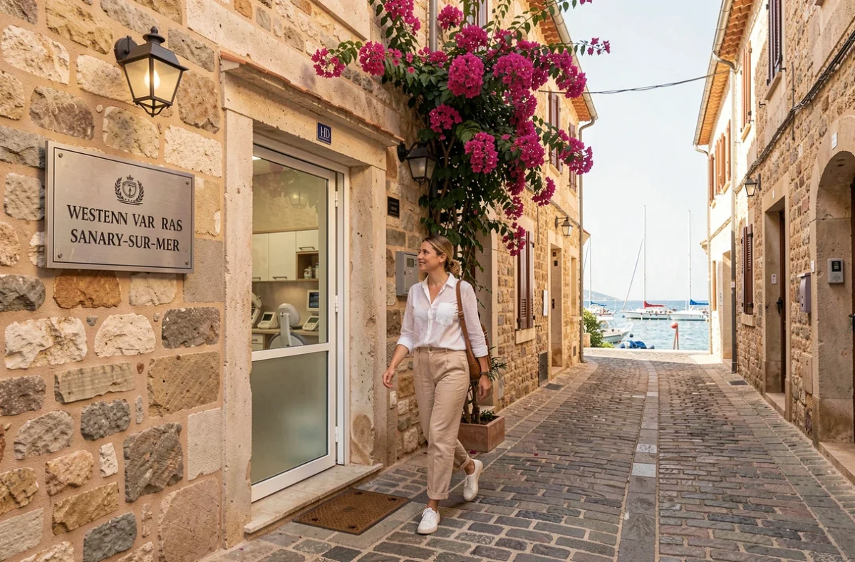 Cabinet dentaire du littoral ouest-varois avec une patiente sortant dans une rue méditerranéenne
