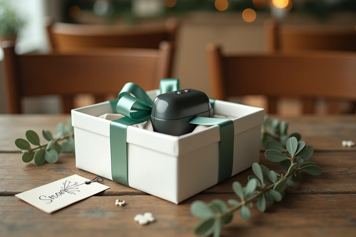 Appareil de massage de pieds emballé en cadeau dans une boîte élégante avec ruban vert sauge sur une table en bois