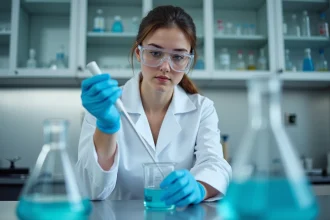 Étudiante en chimie mesurant une solution dans une fiole jaugée pour calculer la concentration molaire en laboratoire