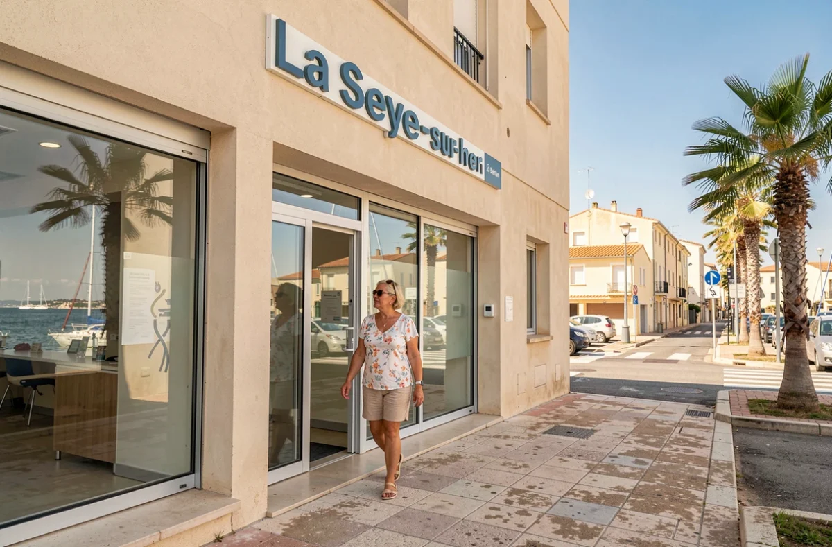 Entrée du Centre Dentaire Mutualiste de La Seyne-sur-Mer avec une patiente à l'accueil