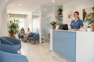 Accueil d'un centre dentaire moderne dans le Var, avec une réceptionniste souriante et une salle d'attente lumineuse