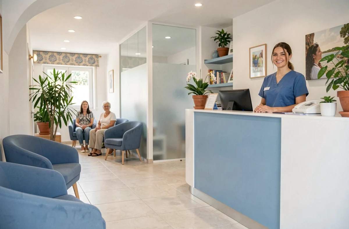 Accueil d'un centre dentaire moderne dans le Var, avec une réceptionniste souriante et une salle d'attente lumineuse