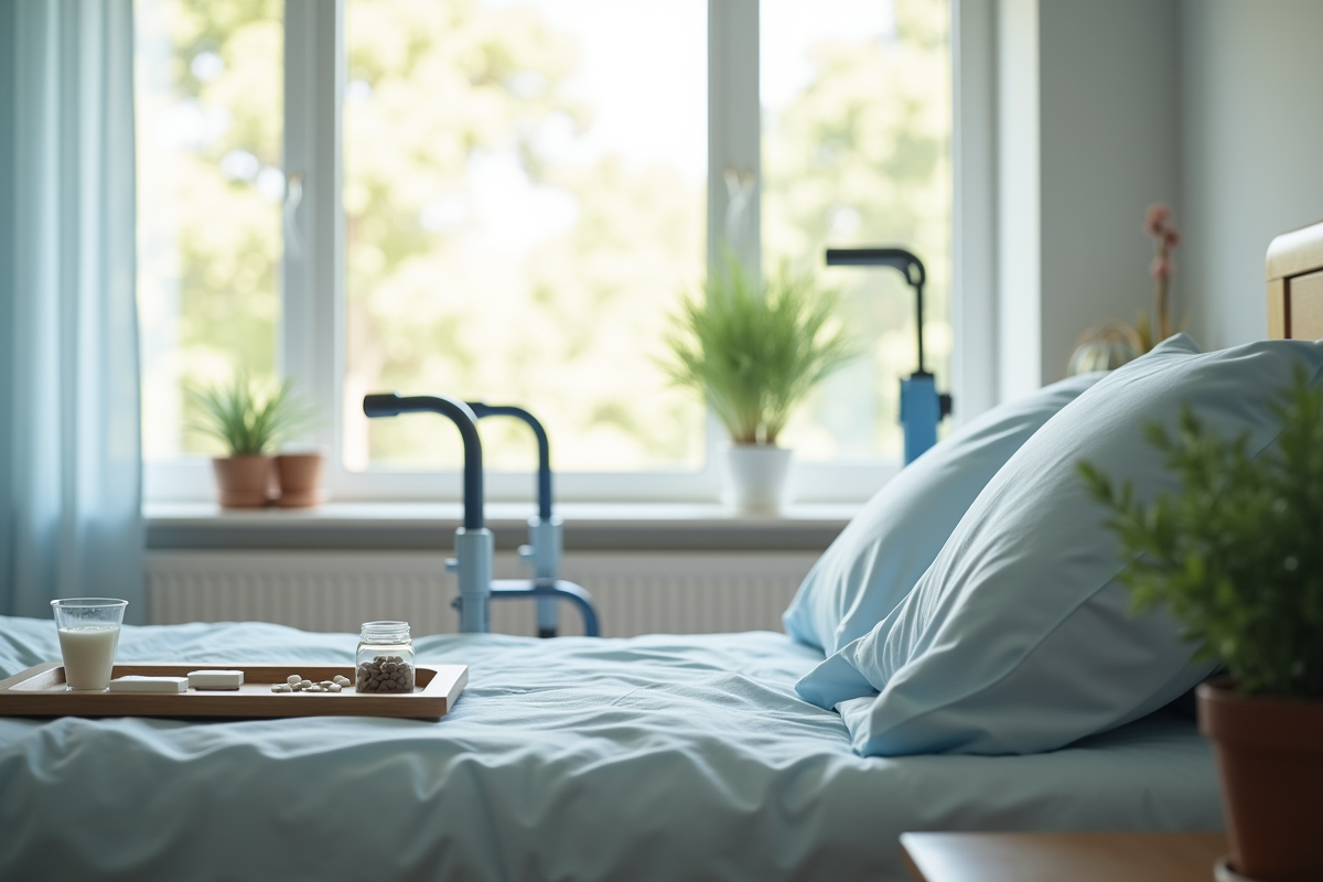 Chambre organisée avec lit médicalisé et aides à la mobilité