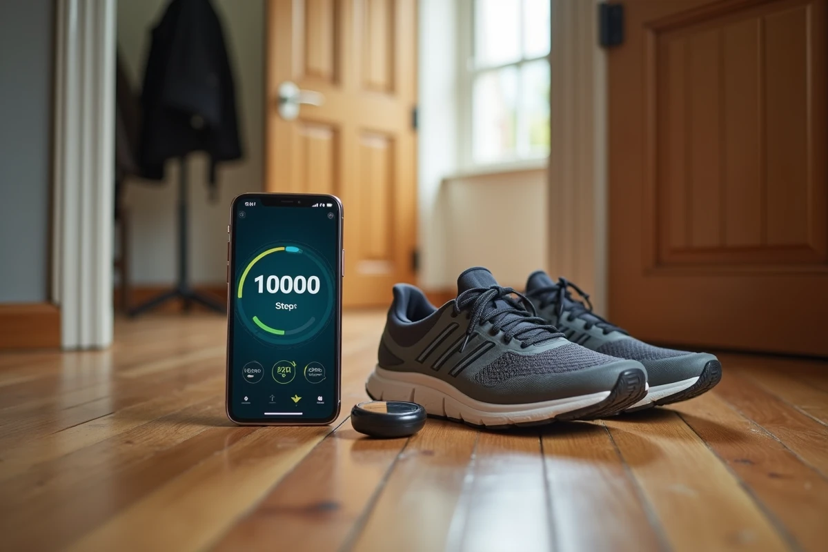 Chaussures de marche, smartphone avec application de comptage de pas et podomètre sur parquet