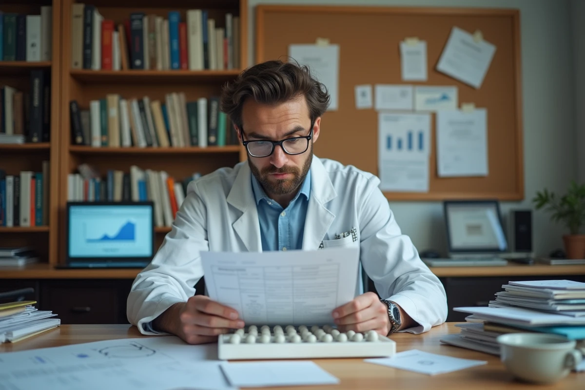 Chercheur masculin étudiant des documents scientifiques sur les perles de céramique à son bureau universitaire