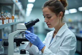 Chercheuse en blouse blanche analysant une perle de céramique sous microscope dans un laboratoire scientifique moderne