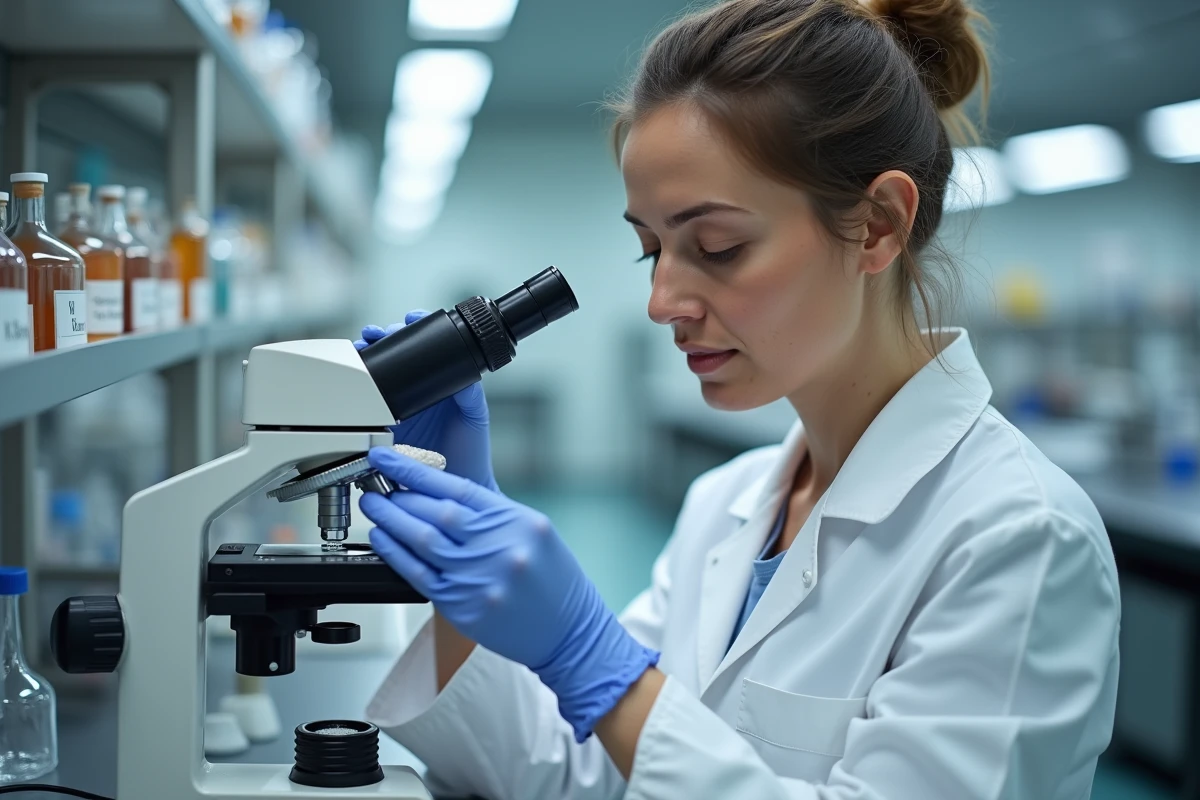 Chercheuse en blouse blanche analysant une perle de céramique sous microscope dans un laboratoire scientifique moderne