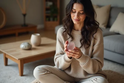 Femme tenant une pierre d'inquiétude en quartz rose pour gérer ses émotions au quotidien