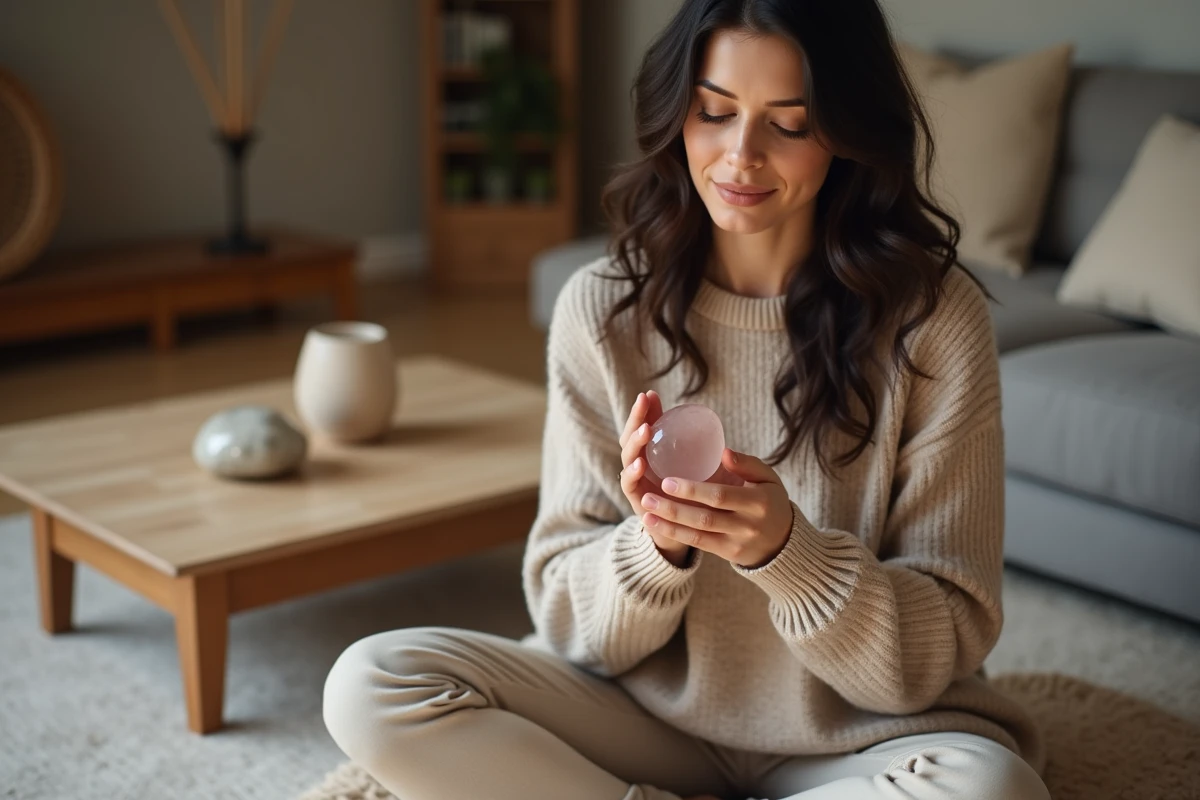 Femme tenant une pierre d'inquiétude en quartz rose pour gérer ses émotions au quotidien