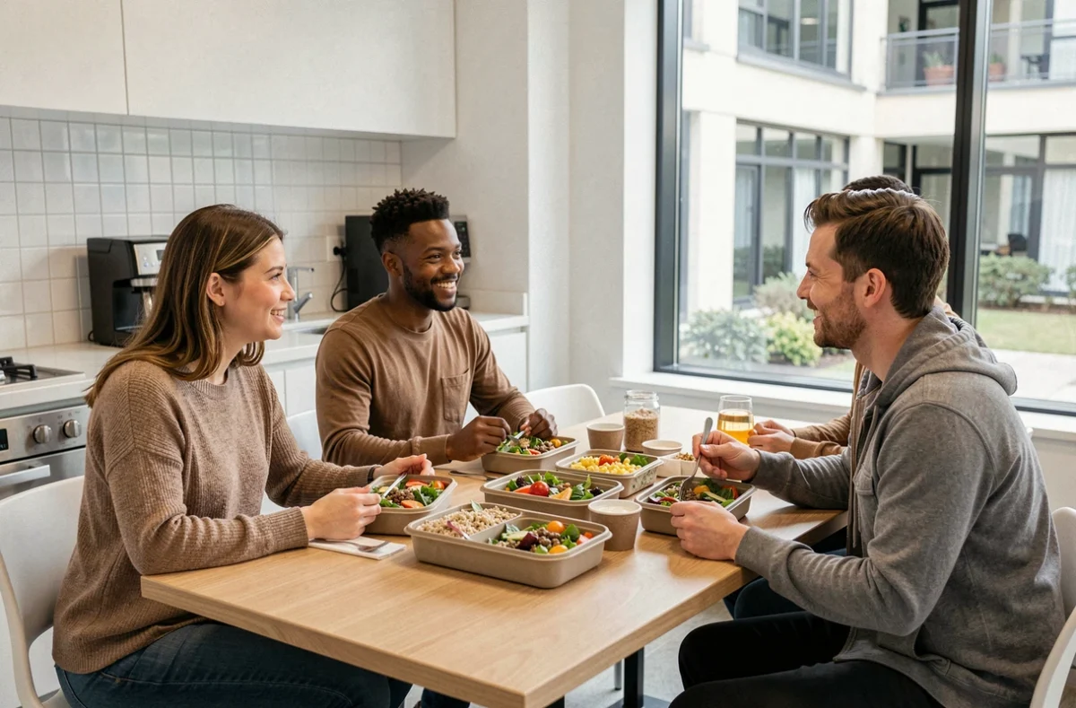 Collègues partageant un repas équilibré au bureau pour prendre soin de leur glycémie