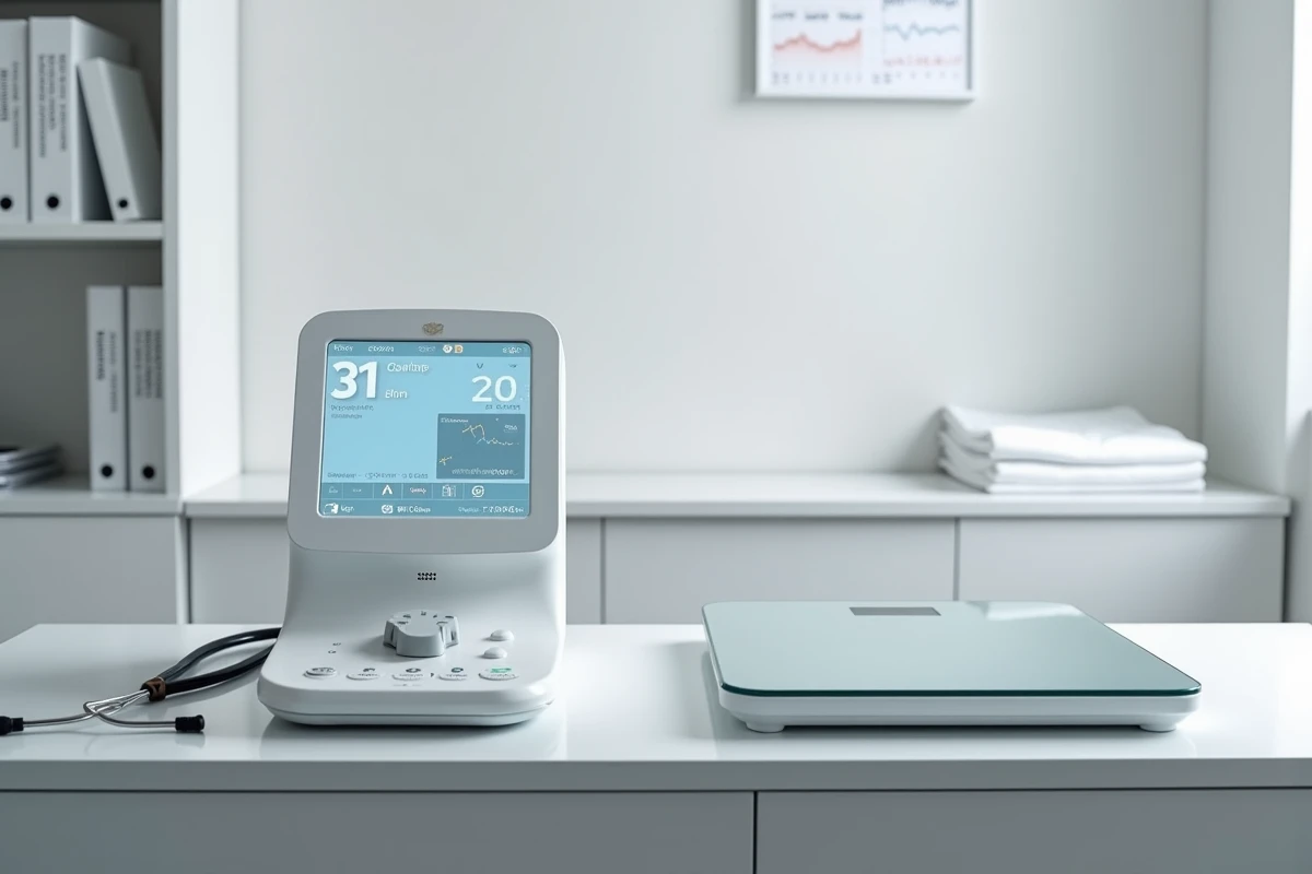 Comparaison entre une balance impédancemètre médicale professionnelle et une balance connectée grand public sur un comptoir de consultation clinique