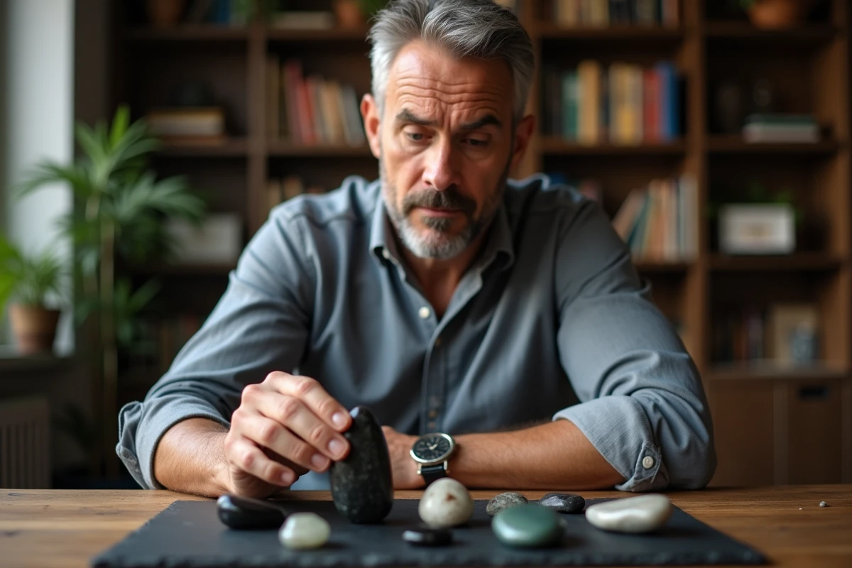 Homme comparant différentes pierres d'inquiétude sur un bureau en bois pour choisir selon ses besoins émotionnels