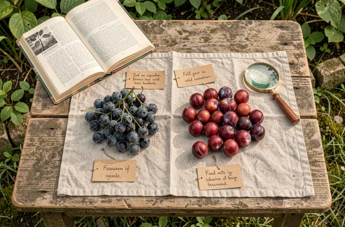 Comparaison côte à côte de baies de prunellier et de petites prunes sauvages sur table rustique