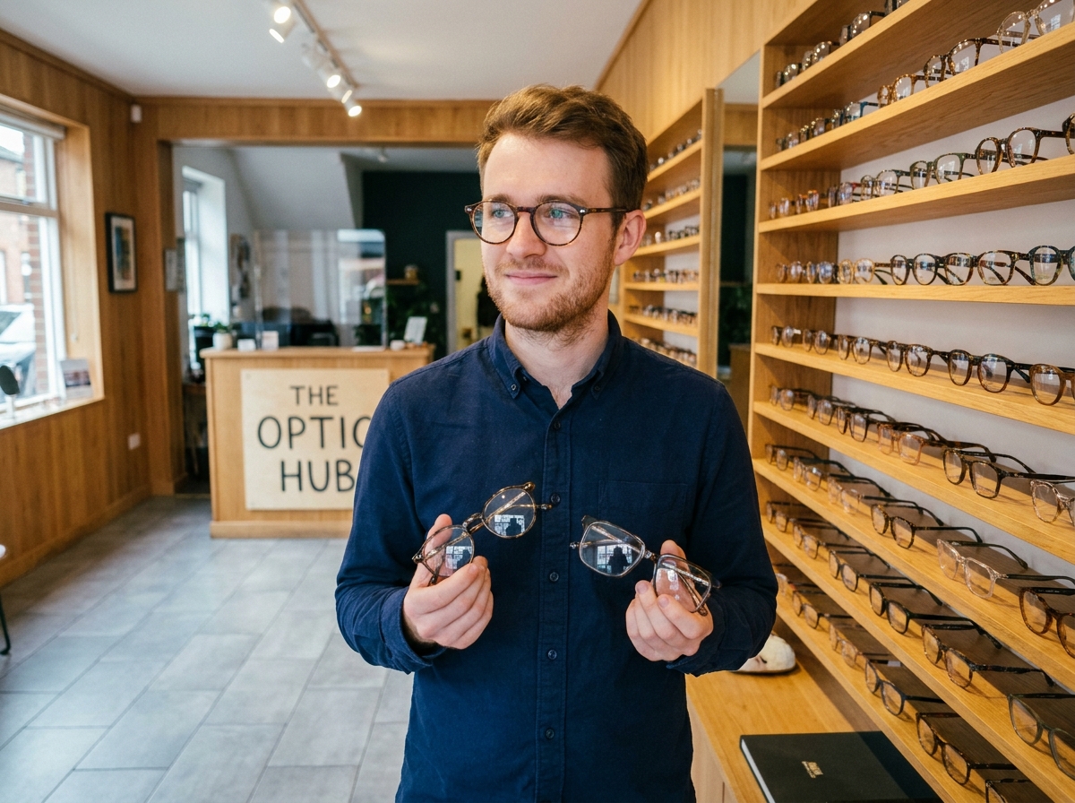 Un homme compare des montures de lunettes devant un présentoir dans un magasin d'optique de proximité