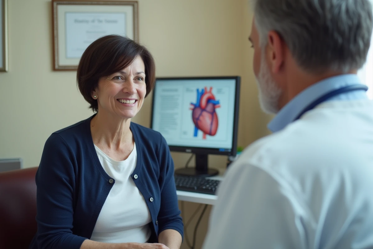 Femme d'âge mûr en consultation cardiologique discutant de la durée de vie d'un stent avec son médecin