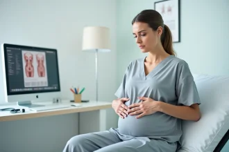 Femme assise dans un cabinet gynécologique tenant son bas-ventre, illustrant les symptômes d'un kyste ovarien
