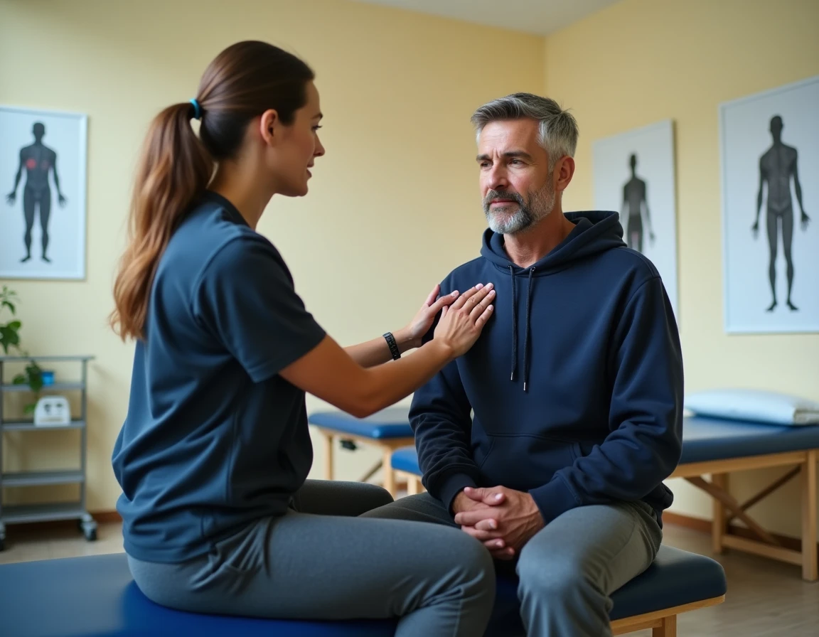 Consultation chez un kinésithérapeute pour un nerf trapèze coincé, le praticien évalue la zone douloureuse du patient sportif