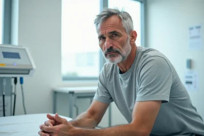 Homme d'âge moyen assis dans une salle de consultation médicale avec une expression préoccupée, illustrant une visite chez le médecin pour des symptômes urinaires