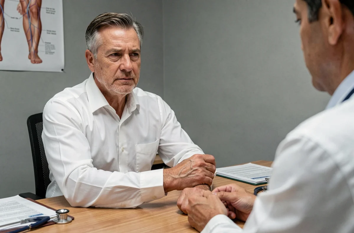 Patient en consultation médicale montrant son avant-bras à un médecin pour un tressautement musculaire lié au café ou à l'alcool