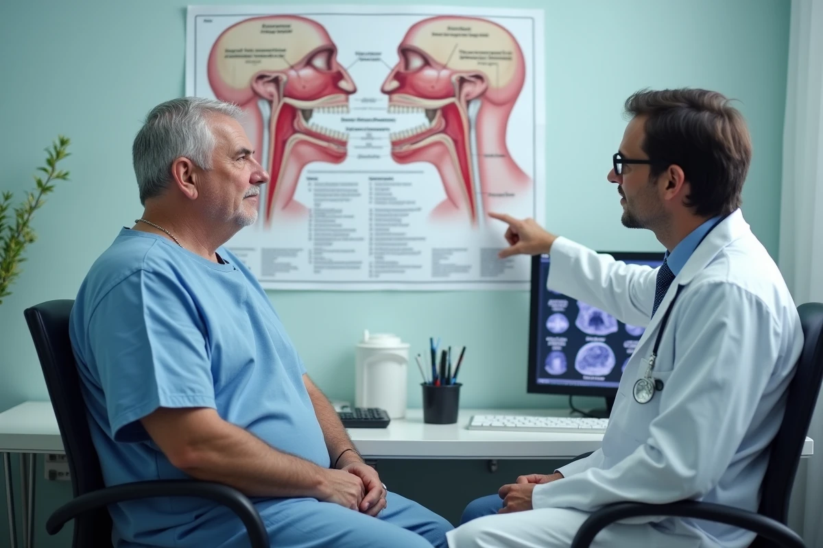 Patient en consultation oncologique recevant des informations sur le cancer de la langue et les lésions causées par le papillomavirus HPV avec un médecin spécialiste