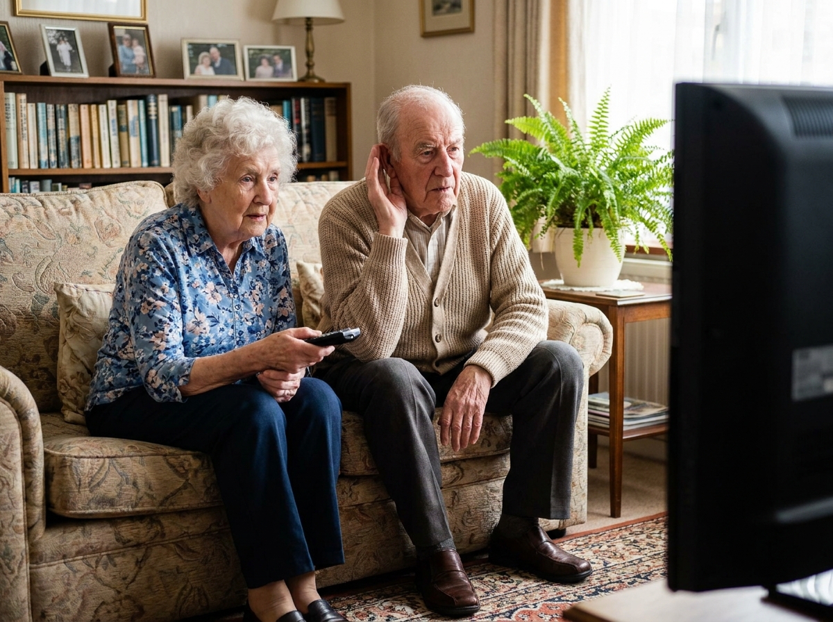 Couple de personnes âgées regardant la télévision avec difficulté auditive dans le salon