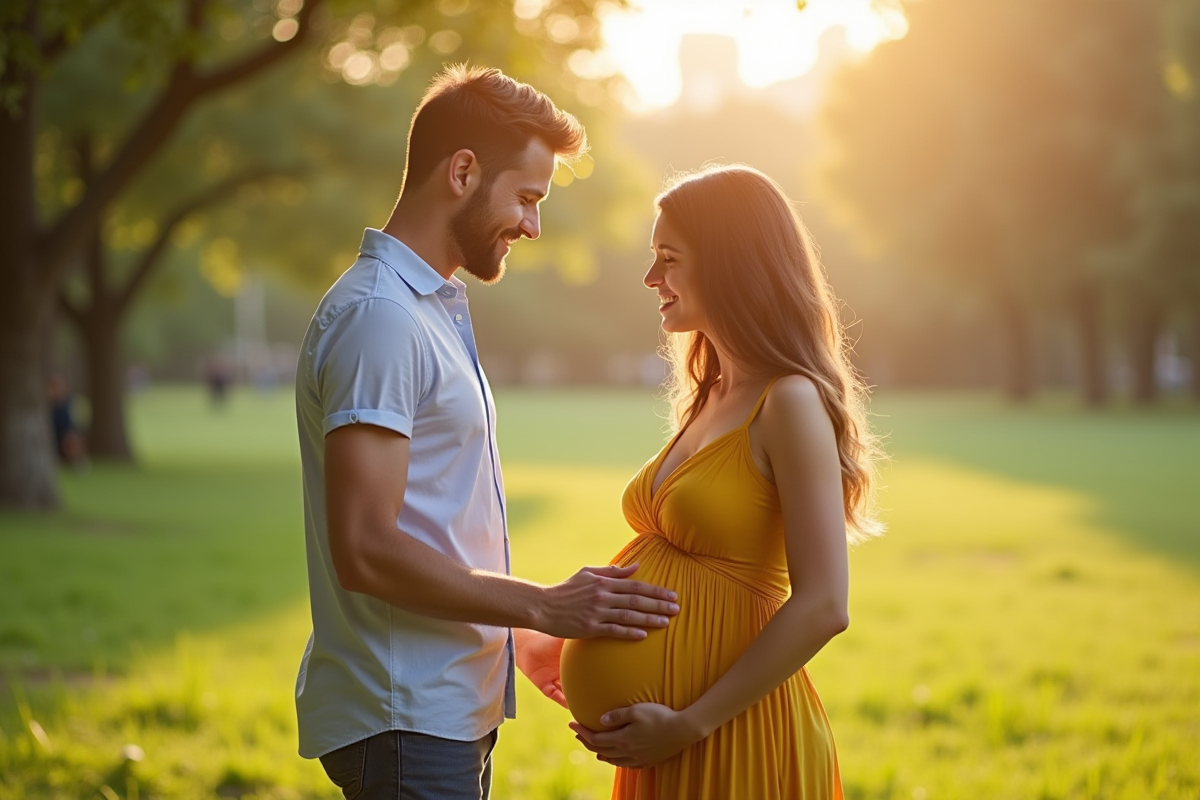 Couple dans un parc ensoleille avec femme enceinte en robe ajustée
