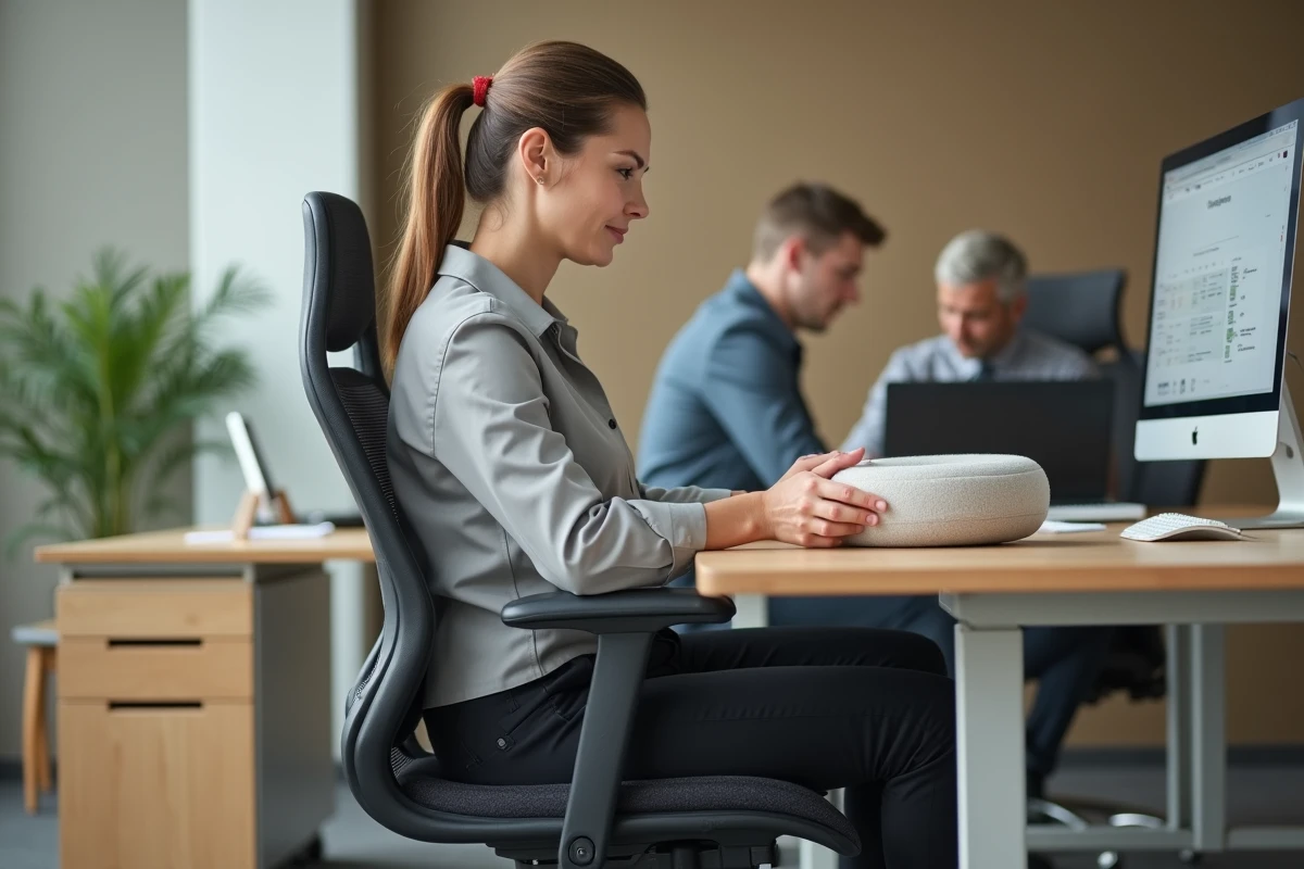Femme plaçant un coussin orthopédique en anneau sur sa chaise de bureau pour soulager la douleur au coccyx